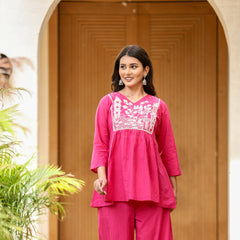 Indolady Magenta Pink Bloom Cotton Co-ord Set with Embroidery