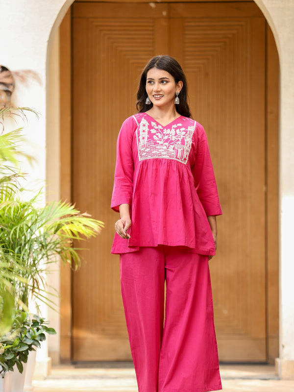 Indolady Magenta Pink Bloom Cotton Co-ord Set with Embroidery