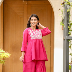 Indolady Magenta Pink Bloom Cotton Co-ord Set with Embroidery
