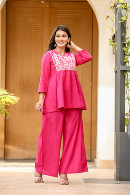 Indolady Magenta Pink Bloom Cotton Co-ord Set with Embroidery