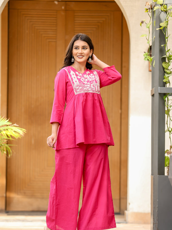 Indolady Magenta Pink Bloom Cotton Co-ord Set with Embroidery