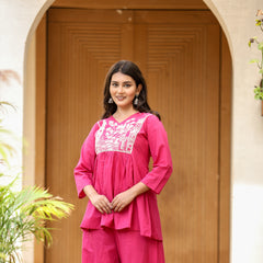 Indolady Magenta Pink Bloom Cotton Co-ord Set with Embroidery