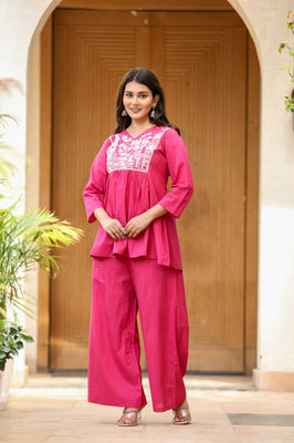 Indolady Magenta Pink Bloom Cotton Co-ord Set with Embroidery