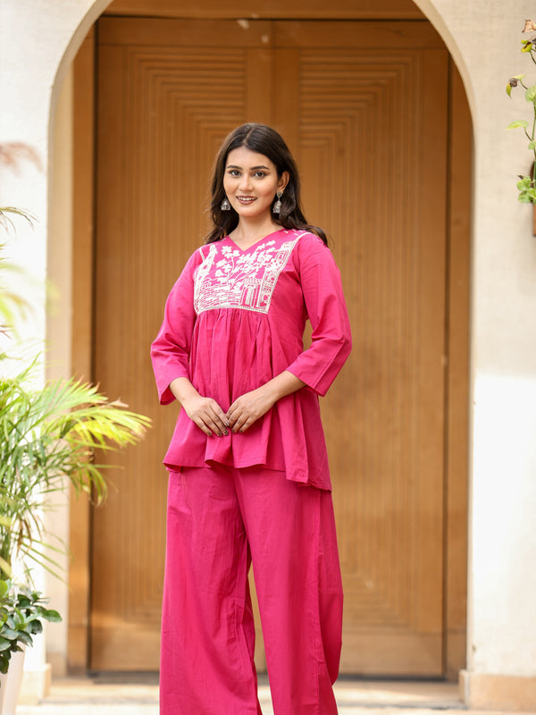 Indolady Magenta Pink Bloom Cotton Co-ord Set with Embroidery