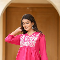 Indolady Magenta Pink Bloom Cotton Co-ord Set with Embroidery