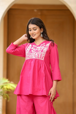 Indolady Magenta Pink Bloom Cotton Co-ord Set with Embroidery
