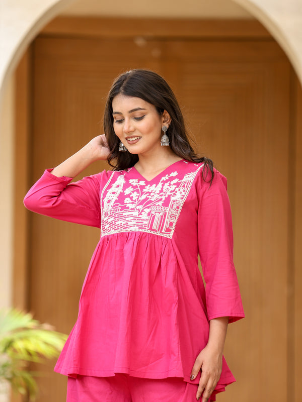 Indolady Magenta Pink Bloom Cotton Co-ord Set with Embroidery