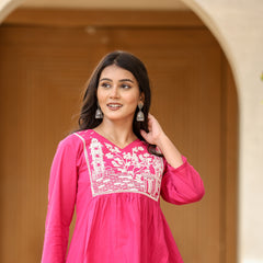 Indolady Magenta Pink Bloom Cotton Co-ord Set with Embroidery