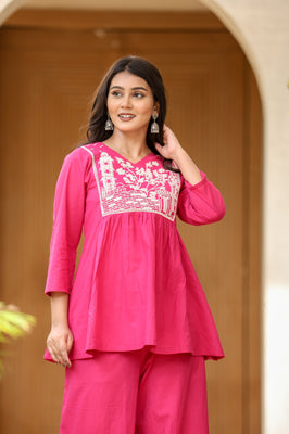Indolady Magenta Pink Bloom Cotton Co-ord Set with Embroidery