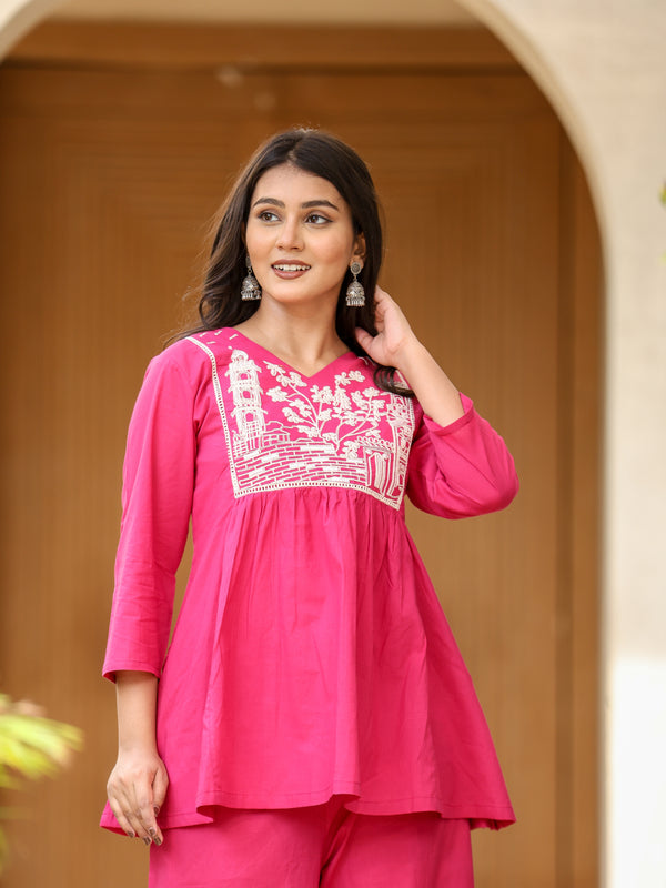Indolady Magenta Pink Bloom Cotton Co-ord Set with Embroidery