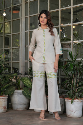 Elegant Ivory Blossom – Cotton Flex Embroidered Co-ord Set