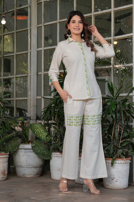 Elegant Ivory Blossom – Cotton Flex Embroidered Co-ord Set