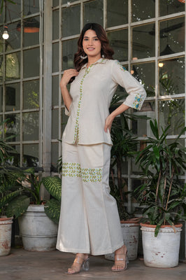Elegant Ivory Blossom – Cotton Flex Embroidered Co-ord Set