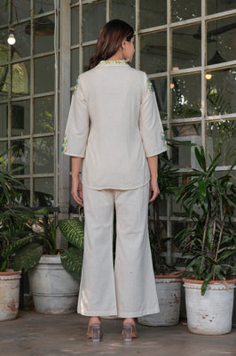 Elegant Ivory Blossom – Cotton Flex Embroidered Co-ord Set