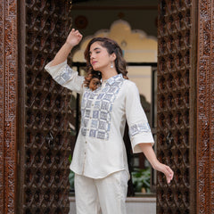 Subtle Shine: Off-White Embroidered Co-Ord Set for Effortless Style