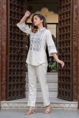 Subtle Shine: Off-White Embroidered Co-Ord Set for Effortless Style