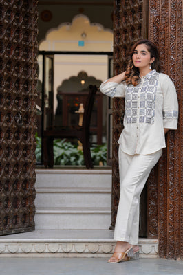 Subtle Shine: Off-White Embroidered Co-Ord Set for Effortless Style