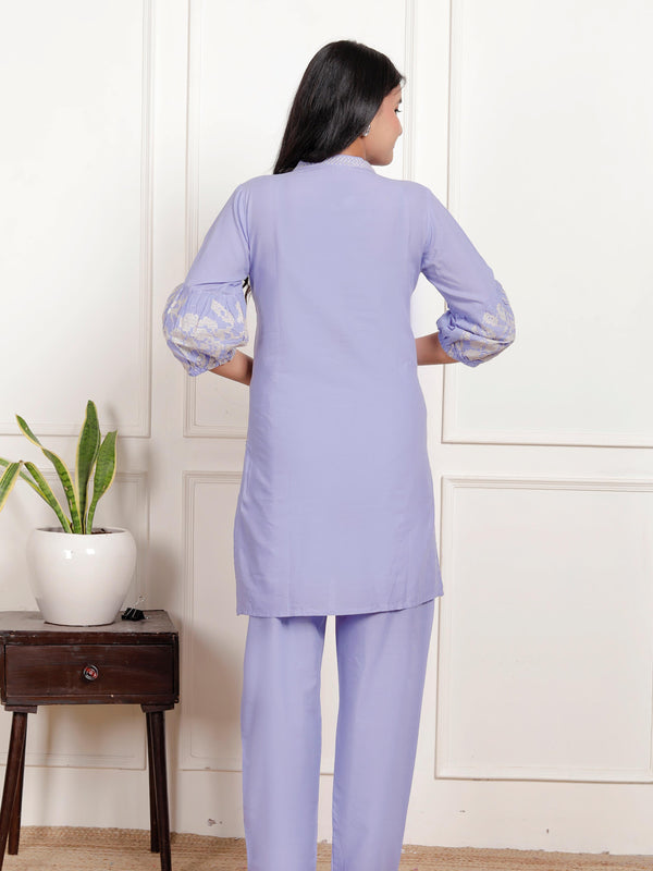 Indolady Lavender Embroidered Cotton Co-ord Set – Subtle Sophistication in Pastel