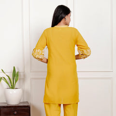 Indolady Mustard Yellow Floral Embroidered Co-ord Set in Pure Cotton