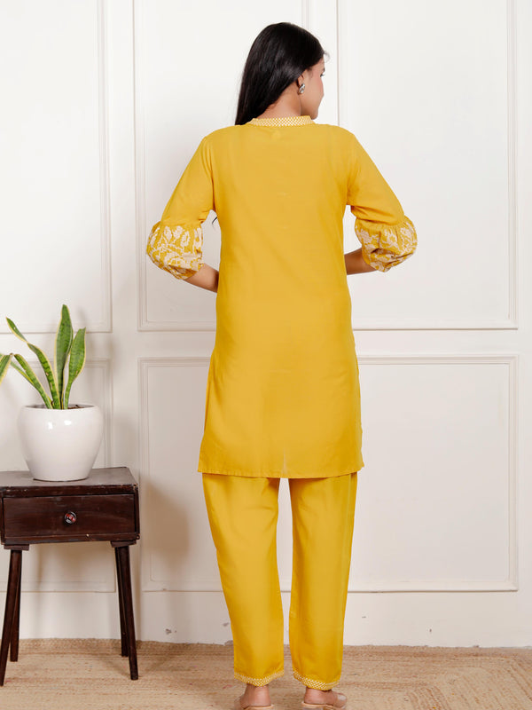 Indolady Mustard Yellow Floral Embroidered Co-ord Set in Pure Cotton