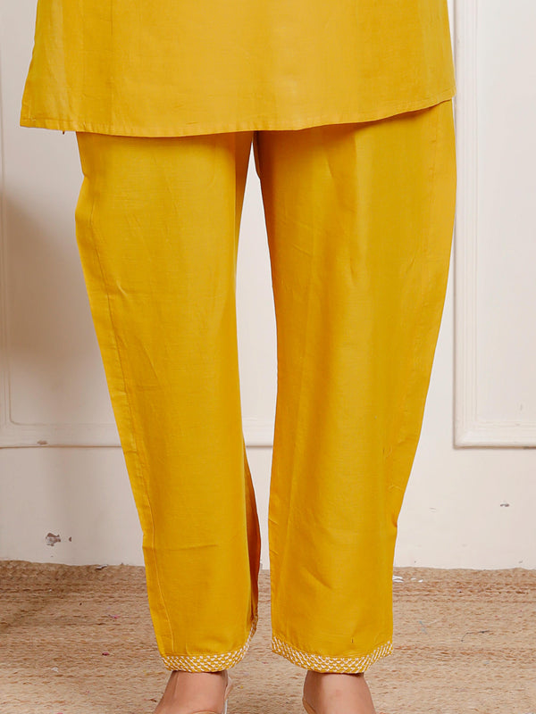 Indolady Mustard Yellow Floral Embroidered Co-ord Set in Pure Cotton