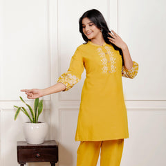 Indolady Mustard Yellow Floral Embroidered Co-ord Set in Pure Cotton