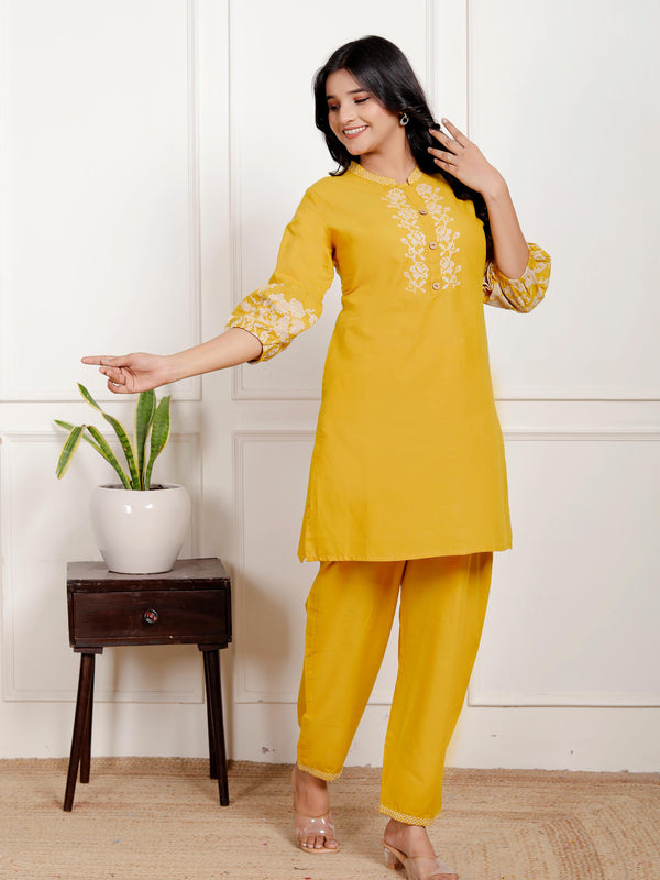 Indolady Mustard Yellow Floral Embroidered Co-ord Set in Pure Cotton