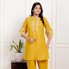 Indolady Mustard Yellow Floral Embroidered Co-ord Set in Pure Cotton