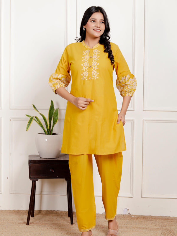 Indolady Mustard Yellow Floral Embroidered Co-ord Set in Pure Cotton