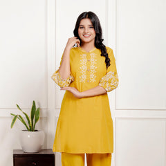 Indolady Mustard Yellow Floral Embroidered Co-ord Set in Pure Cotton