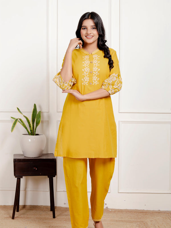 Indolady Mustard Yellow Floral Embroidered Co-ord Set in Pure Cotton