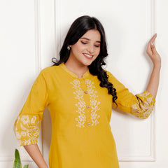 Indolady Mustard Yellow Floral Embroidered Co-ord Set in Pure Cotton