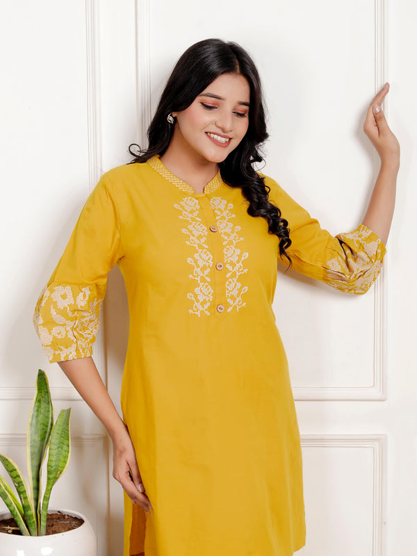 Indolady Mustard Yellow Floral Embroidered Co-ord Set in Pure Cotton