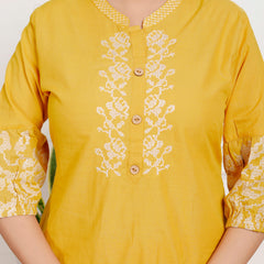 Indolady Mustard Yellow Floral Embroidered Co-ord Set in Pure Cotton
