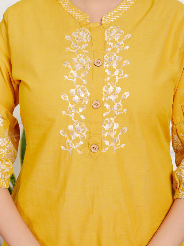 Indolady Mustard Yellow Floral Embroidered Co-ord Set in Pure Cotton