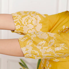 Indolady Mustard Yellow Floral Embroidered Co-ord Set in Pure Cotton