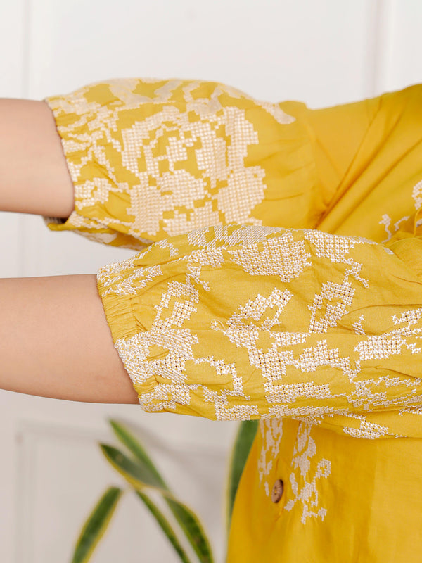 Indolady Mustard Yellow Floral Embroidered Co-ord Set in Pure Cotton