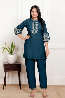 Indolady Elegant Teal Blue Embroidered Cotton Co-Ord Set