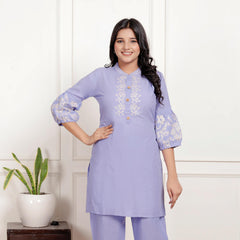 Indolady Lavender Embroidered Cotton Co-ord Set – Subtle Sophistication in Pastel