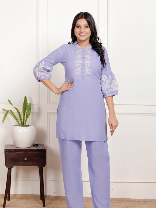 Indolady Lavender Embroidered Cotton Co-ord Set – Subtle Sophistication in Pastel