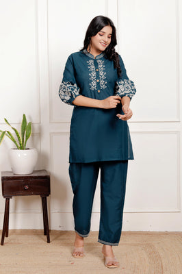 Indolady Elegant Teal Blue Embroidered Cotton Co-Ord Set