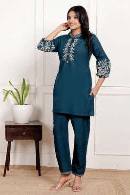 Indolady Elegant Teal Blue Embroidered Cotton Co-Ord Set