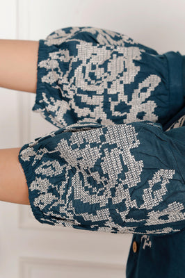 Indolady Elegant Teal Blue Embroidered Cotton Co-Ord Set