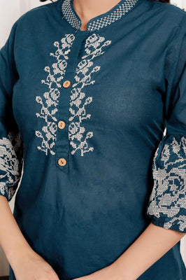 Indolady Elegant Teal Blue Embroidered Cotton Co-Ord Set