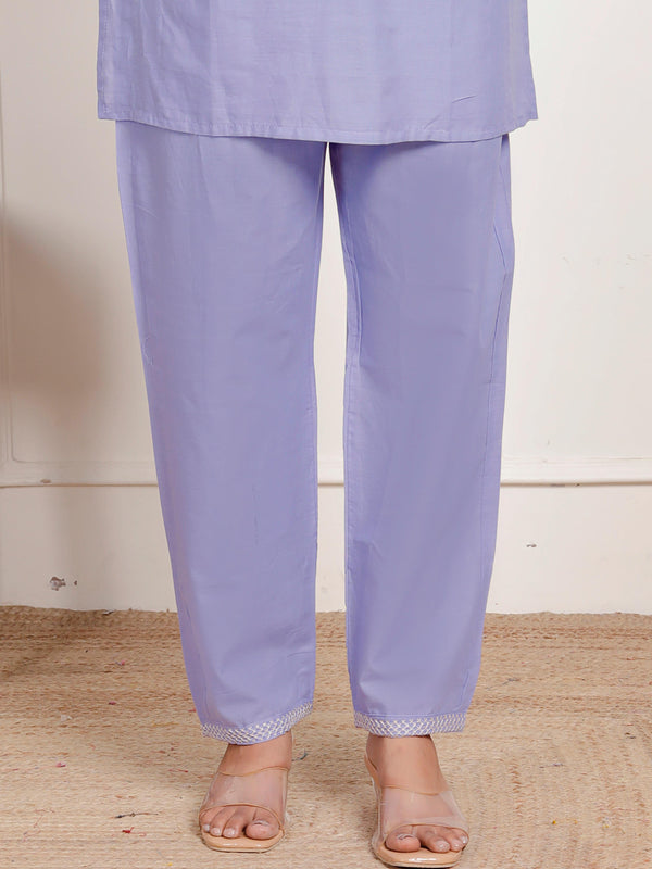 Indolady Lavender Embroidered Cotton Co-ord Set – Subtle Sophistication in Pastel