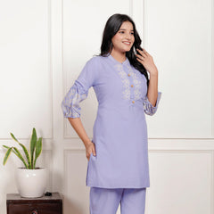 Indolady Lavender Embroidered Cotton Co-ord Set – Subtle Sophistication in Pastel