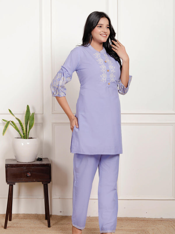 Indolady Lavender Embroidered Cotton Co-ord Set – Subtle Sophistication in Pastel