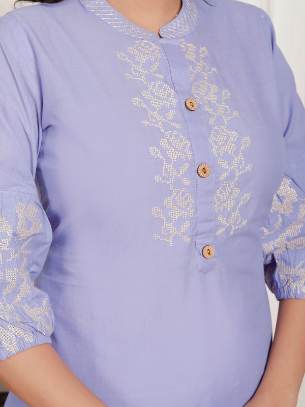 Indolady Lavender Embroidered Cotton Co-ord Set – Subtle Sophistication in Pastel