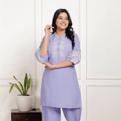 Indolady Lavender Embroidered Cotton Co-ord Set – Subtle Sophistication in Pastel