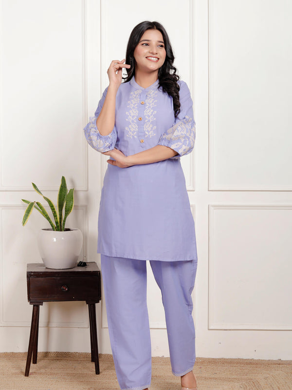 Indolady Lavender Embroidered Cotton Co-ord Set – Subtle Sophistication in Pastel